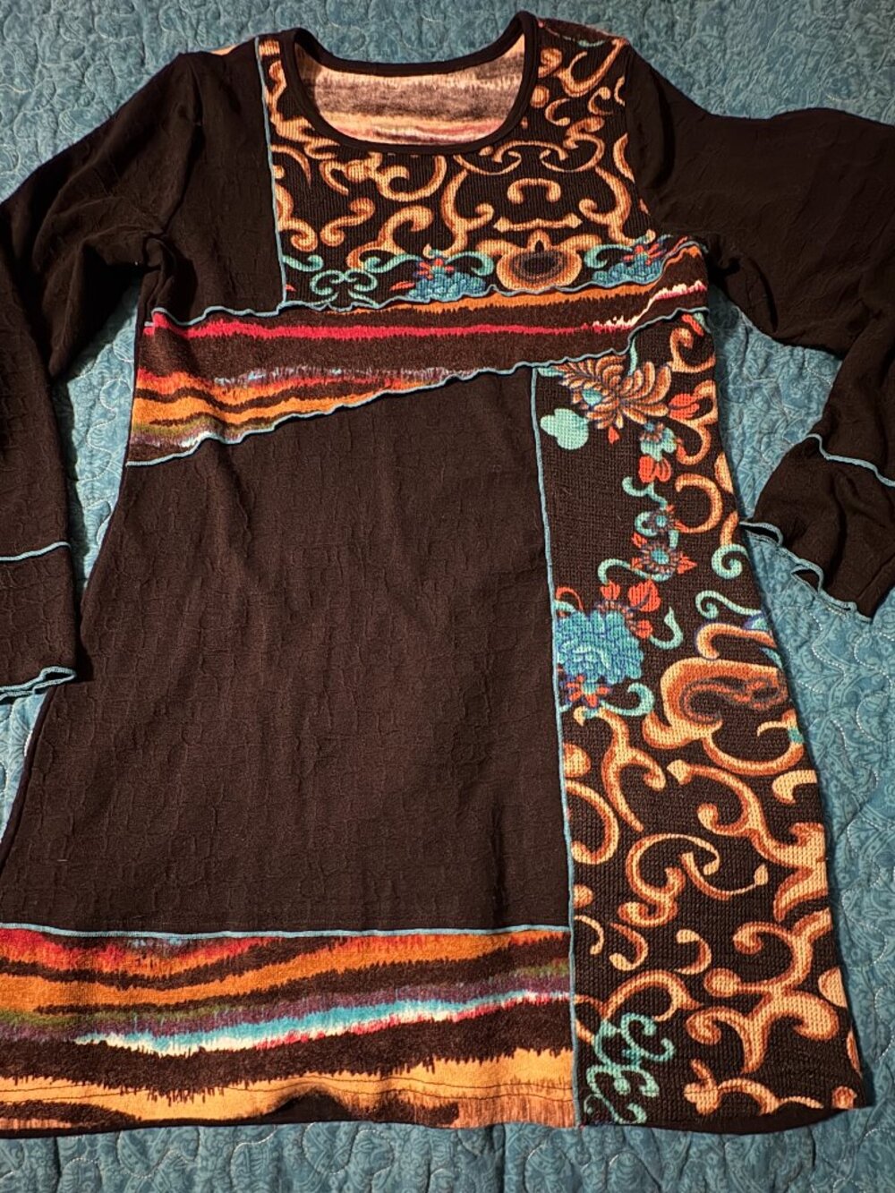 Black Sweater Dress Round Neck Multicolor Ribbon Patterns Size L No Brand Tag